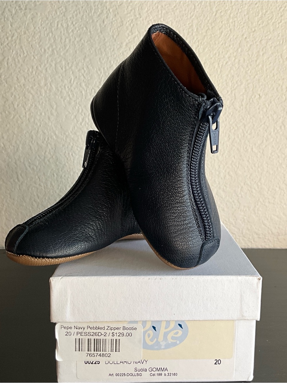 Pepe Baby Navy Blue Pebbled Leather Zipper Boots EU 20 Size 2 $129